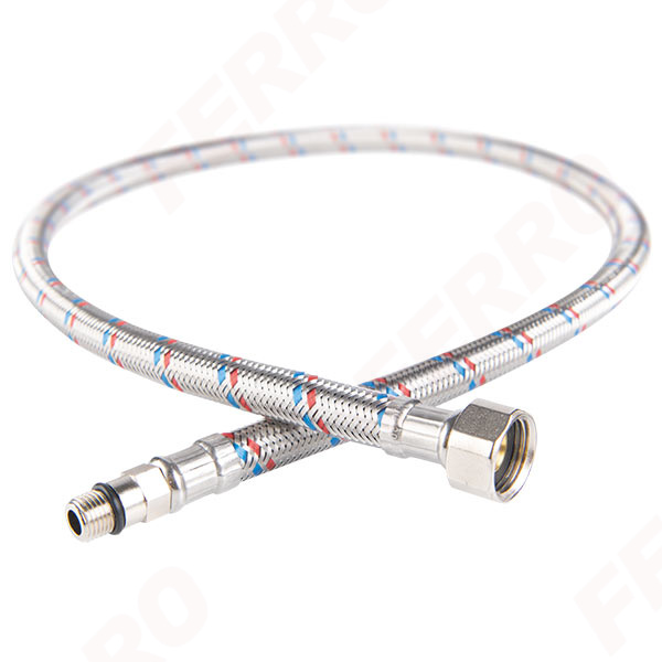 Acélborítású flexibilis bekötőcső vízre (csaptelep bekötőcső) 3/8" x M10x1 rövid véggel