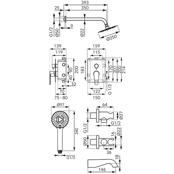 Algeo - built-in shower sets, chrome