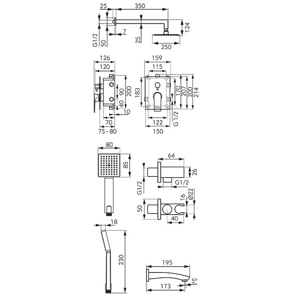 Algeo Square - built-in shower sets, chrome